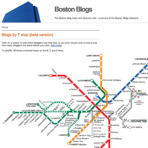 First up, Boston Blogs' map of Boston blog by T stop.