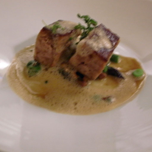 Crisy Confit of Quebec Porcelet: mousserons mushrooms, asparagus, foie gras jus Crisy Confit of Quebec Porcelet: mousserons mushrooms, asparagus, foie gras jus