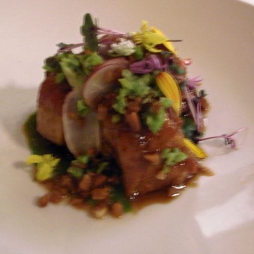 Braised Pig Tails: crushed fava beans, pickled peanuts, radishes, ramp puree Braised Pig Tails: crushed fava beans, pickled peanuts, radishes, ramp puree