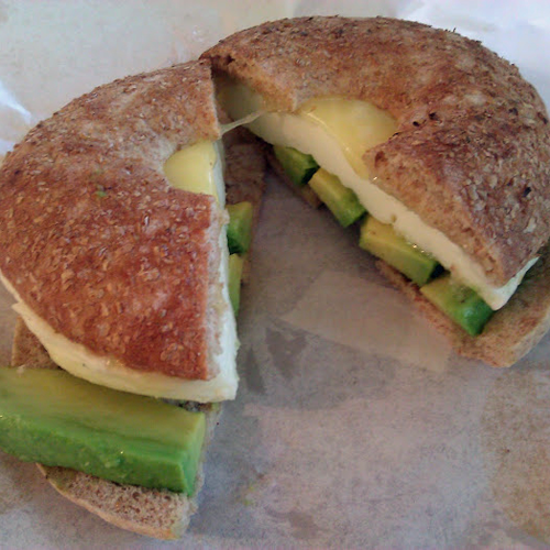 Egg whites, cheddar and avocado on skinny bagel at Au Bon Pain